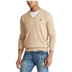 Polo Ralph Lauren Mens Tan V Neck 100% Lambswool Sweater‎ Size L